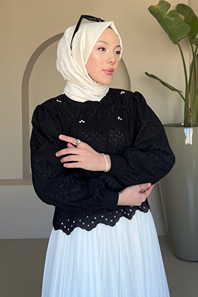 Tesettür Diyarı Hima Brode Lace Fabric Blouse with Ribbed Collar and Cuffs - ...