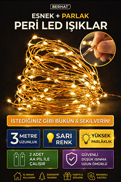 BERHAT Peri Led 3Metre Sarı Renk Pilli-Dekoratif Aydınlatma