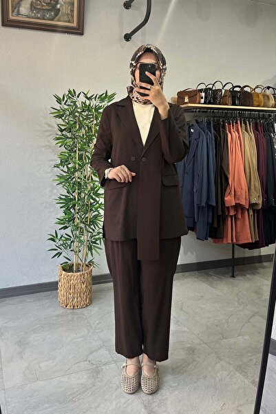 Tığ Triko Blazer Ceket Pantolonlu Takım Kahve