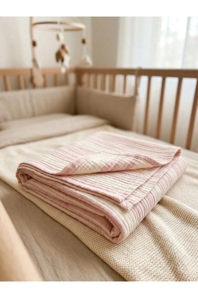 Bej Home 100% Cotton Pink Striped 4 Layer Muslin Kids & Baby Stroller Cover 80X120 cm