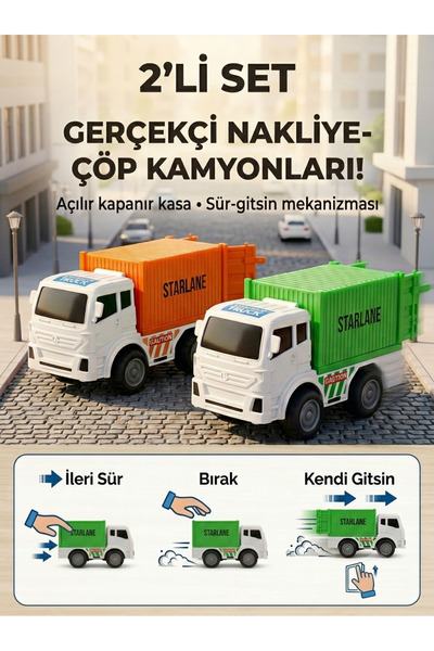 vellora Oyuncak Kamyon Seti 2'li Çöp Kamyonu Nakliye Kamyonu Sürt Bırak Oyunc...