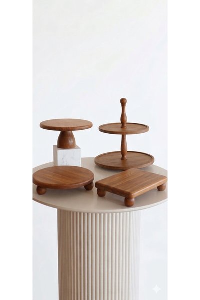 Demwood 4-Piece 2-Tier Cake Stand 25 cm Cake Stand 25 cm Round 17*25 Deluxe Wooden Dowry Set