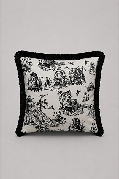 LUX VIE Toile De Jouy Patterned Tasseled Babyface Woven Decorative Throw Pill...