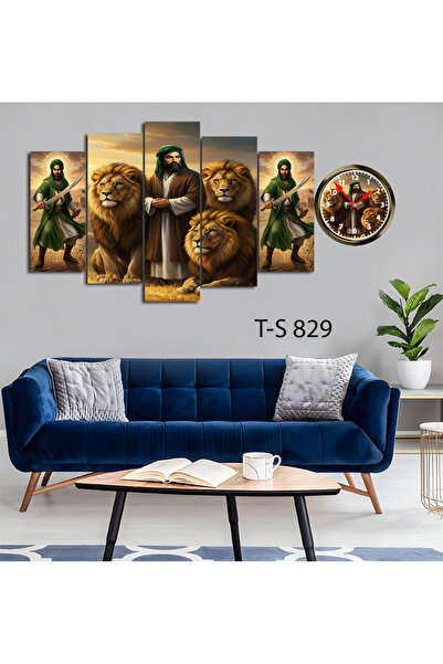 BellaaaModa Hz ALİ temalı Dekoratif Desenli Mdf Tablo 5 Parça Set ve Saatli T...