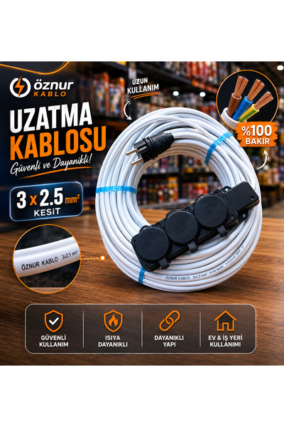 ÖZNUR kaucuk prizli uzatma kablosu 3x2.5 kablo 3 mt