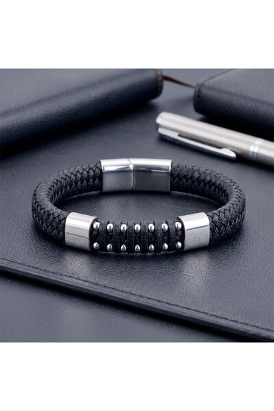 Parmas Design Leather Steel Chain Wrap Men's Premium Black Bracelet 01844
