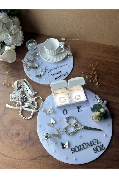 CatplexBoutique Söz Tepsisi - Kişiye Özel 2'li Nişan Tepsisi Damat Kahvesi Te...