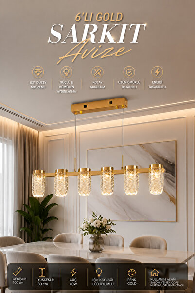 Elvora Home Modern (PREMİUM) 6'lı Gold Sarkıt Avize Kristal Cam Dekoratif Sal...