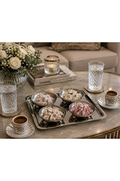 RoyalDecorHome PASLANMAZ ÇELİK KARE TEPSİLİ 4'LÜ GÜMÜŞ RENK DÖVME DESENLİ MET...