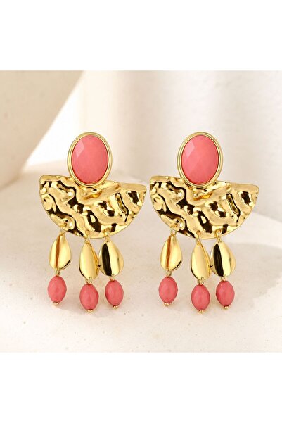 So Much Accesories Gold Pink Stone Dangle Earrings |   Big Size Showy Earrings