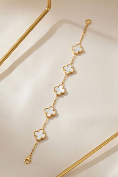 RMY MODA Women's White Row Clover Figured Gold Chain Bracelet