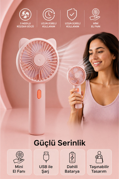 ANI OFİS KIRTASİYE A K USB Şarjlı Kedi Kulaklı Mini El Fanı – 3 Modlu Güçlü R...