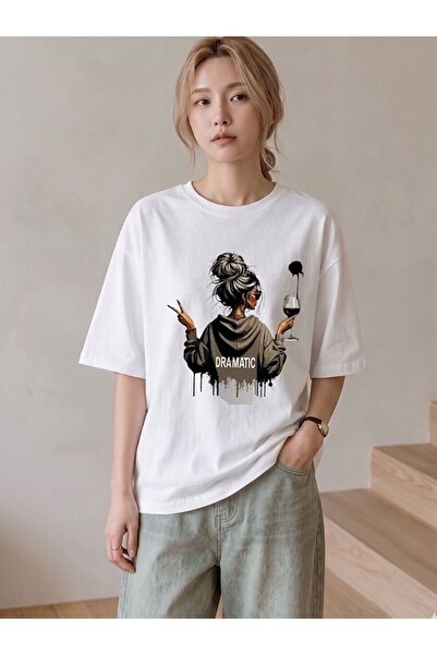 Flubutik Tricou de damă, alb, cu imprimeu dramatic, 100% bumbac organic, cu c...