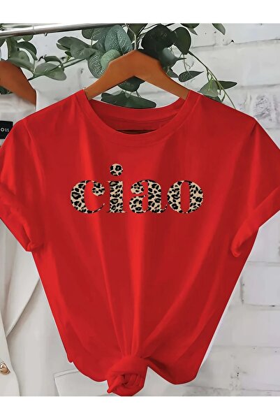 JENOLAN Women's Ciao Printed Crew Neck T-Shirt Oversize Loose