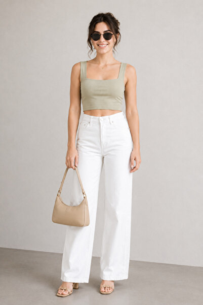 WODDİ Heaven Women's High Waist White Loose Wide Leg Jeans Wide Leg Palazzo D...