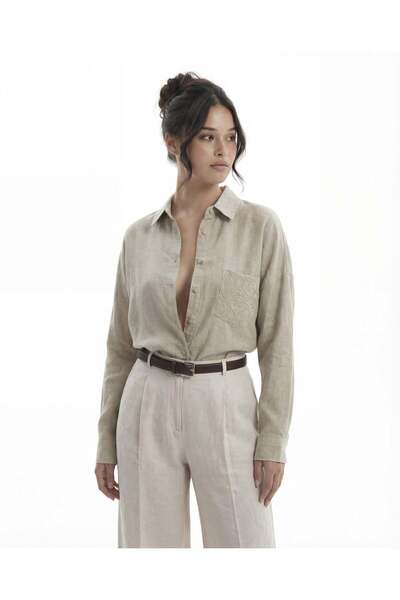 CKM MODA Beige oversize shirt with konule embroidery and pocket detail