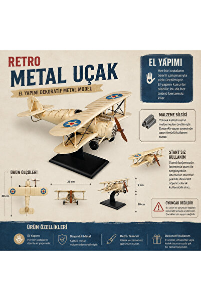 İki Yedi Konsept Krenva Klasik Krem Retro Metal Uçak - El Yapımı Çift Kanatlı...