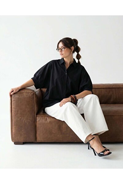 CKM MODA قميص إليسري كبير الحجم مفتوح من الخلف باللون الأسود