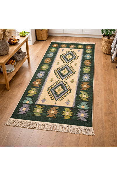 Kotonia Home Covor țesut - Decor tradițional, 80x300 cm, fundal verde și nuan...