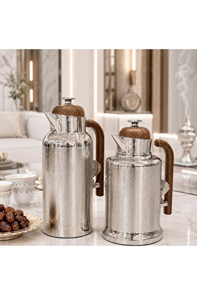 laverahome طقم ترامس ضيافه فاخر فضي مع خشبي 1.0 لتر