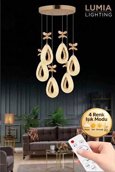 Lumia Lighting Damla Model 6'lı Gold Kumandalı 3 Renk Modu Ledli Kristal Taşl...