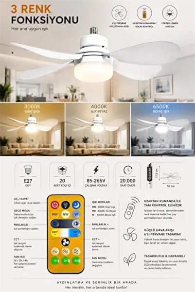 urzsmell Vantilatörlü LED Ampul 6 Kanatlı Kumandalı 40W E27 Kumandalı 52cm (2...
