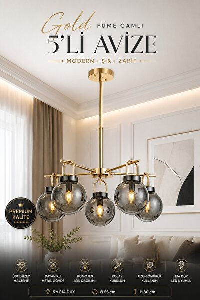 Elvora Home Modern (PREMİUM) Gold Füme Camlı 5'li Salon Mutfak Yemek Odası De...