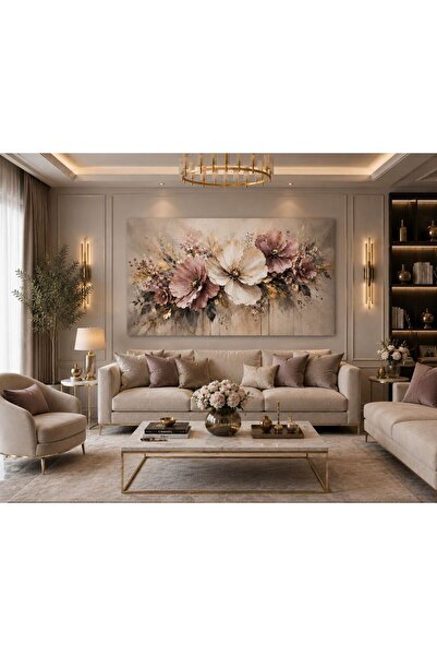 walliva Pudra Gül Kurusu Çiçek Soyut Kanvas Tablo | Modern Floral Duvar Dekor...