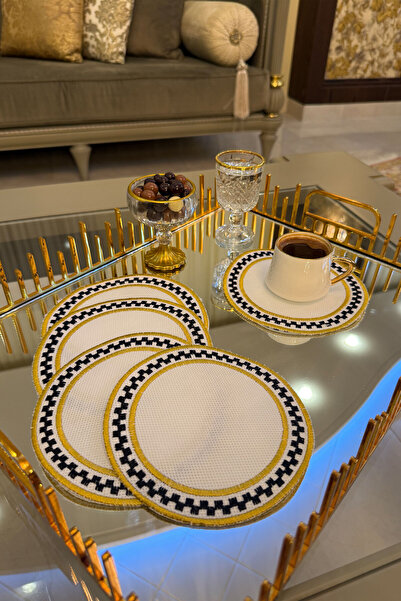 Mutfiko Set of 6 Gold Embroidered Coffee Side Presentation Napkins |   Decorative Coasters, Cocktail and Catering Presentation