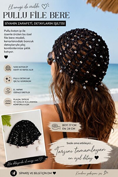 PİNKBAG Sequin Bohemian Knitted Hair Bandana with Bead Detail Mesh Bonnet