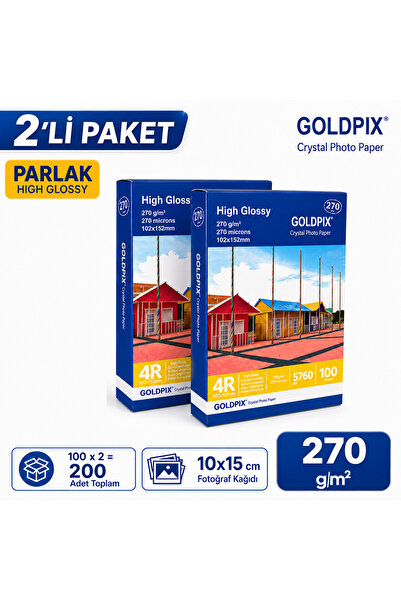 Goldpix 270gr 10x15cm Parlak Fotoğraf Kağıdı - 2'li Paket 200 Adet High Gloss...