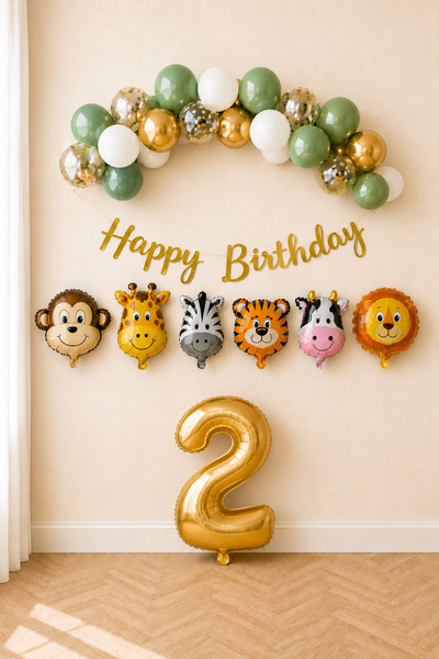 Mosby Safari Temalı 2 Yaş Doğum Günü Süsleme Seti Kış Yeşili Gold Balon Zinci...