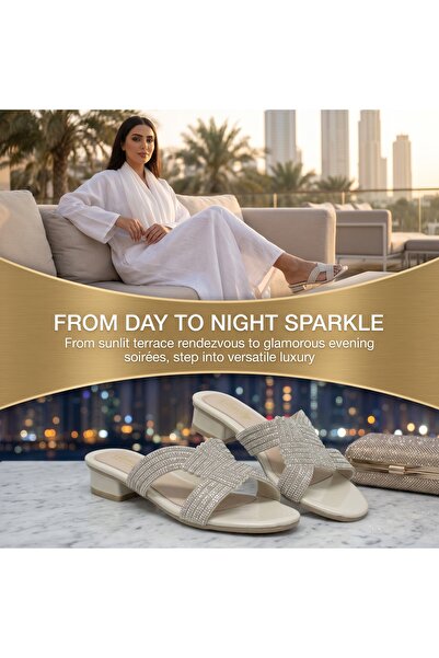 Dhiaa Walk Women’s Square Toe Pearl & Crystal Slides - Embellished Flat Sanda...