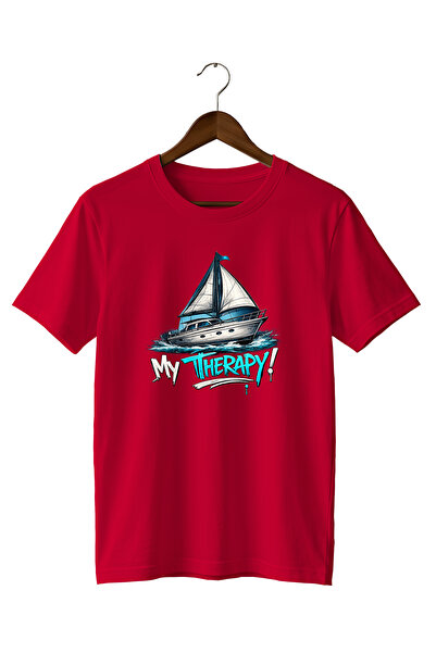 WİDİ Sailboat and Sea My Therapy Street Style Printed T-Shirt 100% Cotton