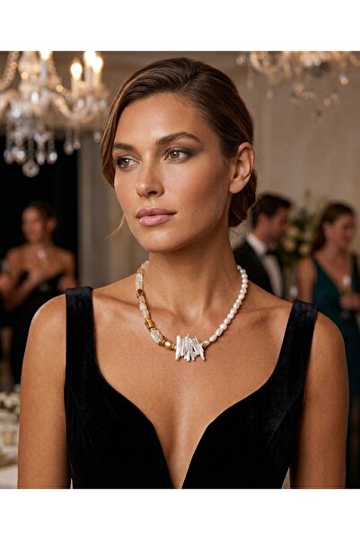 Hello Neo Jewelry Doğal Güneş Taşı Ve Barok İnci Kadın Kolye