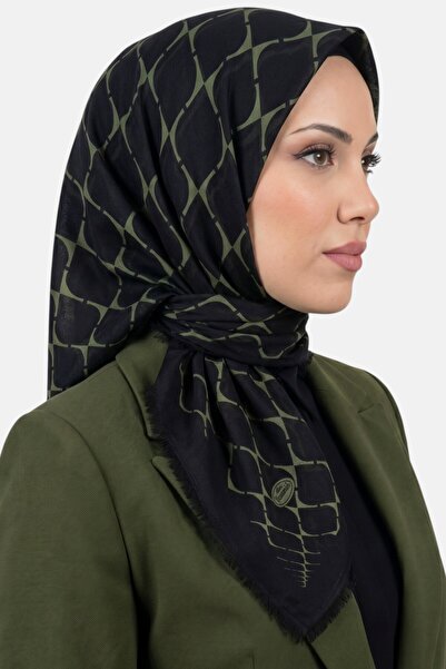 hadiora Women's Black Green Geometric Patterned Flared Twill Scarf