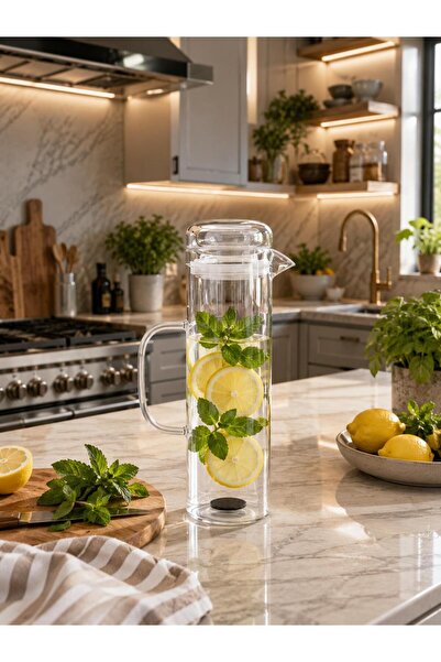 GM 1200 ml Borosilikat Cam Sürahi – Vakumlu Kapaklı, Kulplu Tasarım