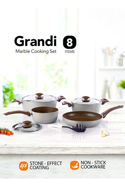 GRANDİ مجموعة أواني طهي غير لاصقة من 8 قطع، قدور ومقالي من الألومنيوم، مقابض ...