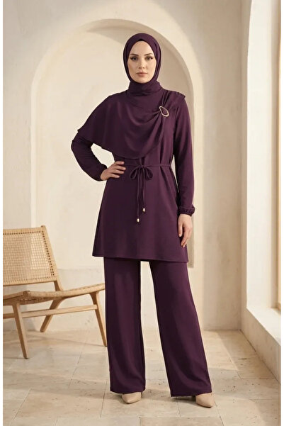 sefamerve Ring Detailed Lace-Up Hijab Double Set 2280-05 Purple