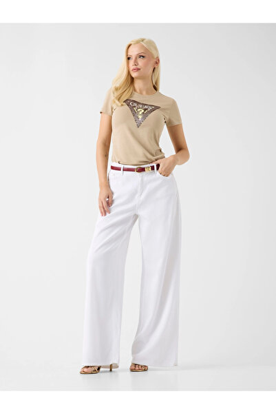 Guess Γυναικείο μπεζ μπλουζάκι με κοντό μανίκι και σχέδιο φιδιού με τρίγωνα W...