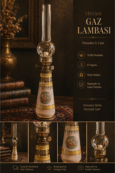 EVVEL ZAMAN ANTİK Vintage Porselen Gaz Lambası – Romantik Figürlü Dekoratif A...