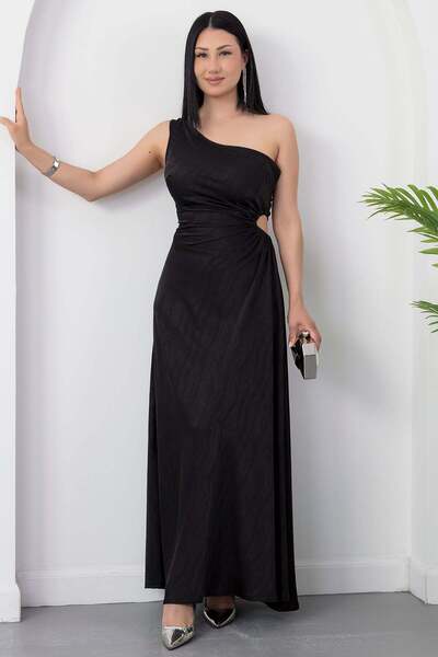 PULLIMM Tek Omuz Beli Pencereli Saten Saten Elbise K-251654