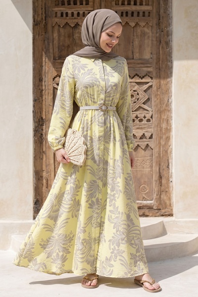 InStyle Soft Patterned Belted Yellow Dress