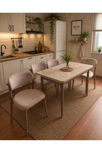 Efe Mobilya T-6000 TRAVERTEN 70X120 MDF POLO KREM SANDALYE 4 KİŞİLİK YEMEK MA...