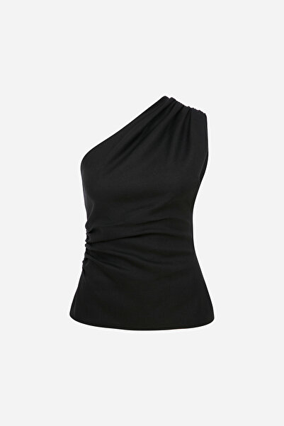 ILA THE BRAND Mia-Linen One Shoulder Draped Detailed Blouse in Black