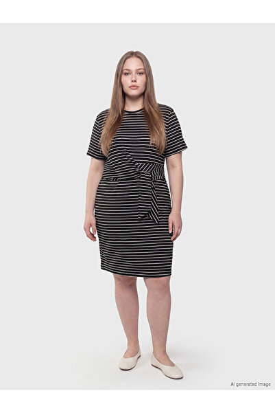 LC Waikiki Black Crew Neck Tie-Up Drawstring Dress