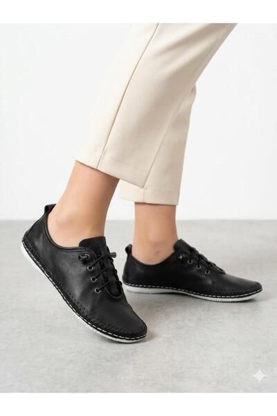 Lütfi Women's Black Genuine Leather Orthopedic Sole Casual Shoes
