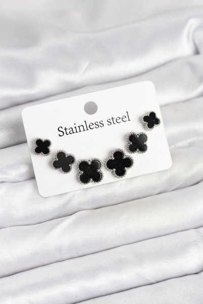 Toptan Bulurum 316L Steel Silver Black Color 3 Sizes Clover Earrings Set