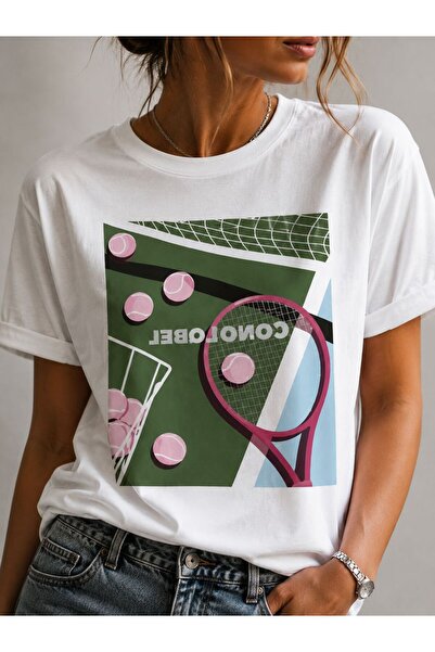 SİBELİZE Tennis Lover Racket Printed Unisex White T-Shirt