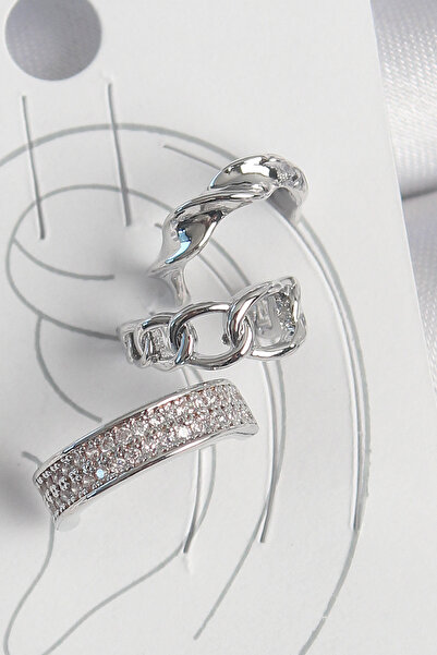 OGHAMAY Brass Silver Color Zircon Stone 3-Piece Chain Spiral Model Women's Ca...